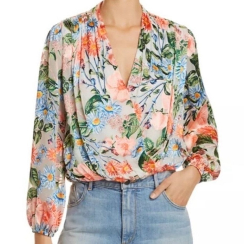 Alice + Olivia Floral Wrap Blouse in Coral, Blue, Green